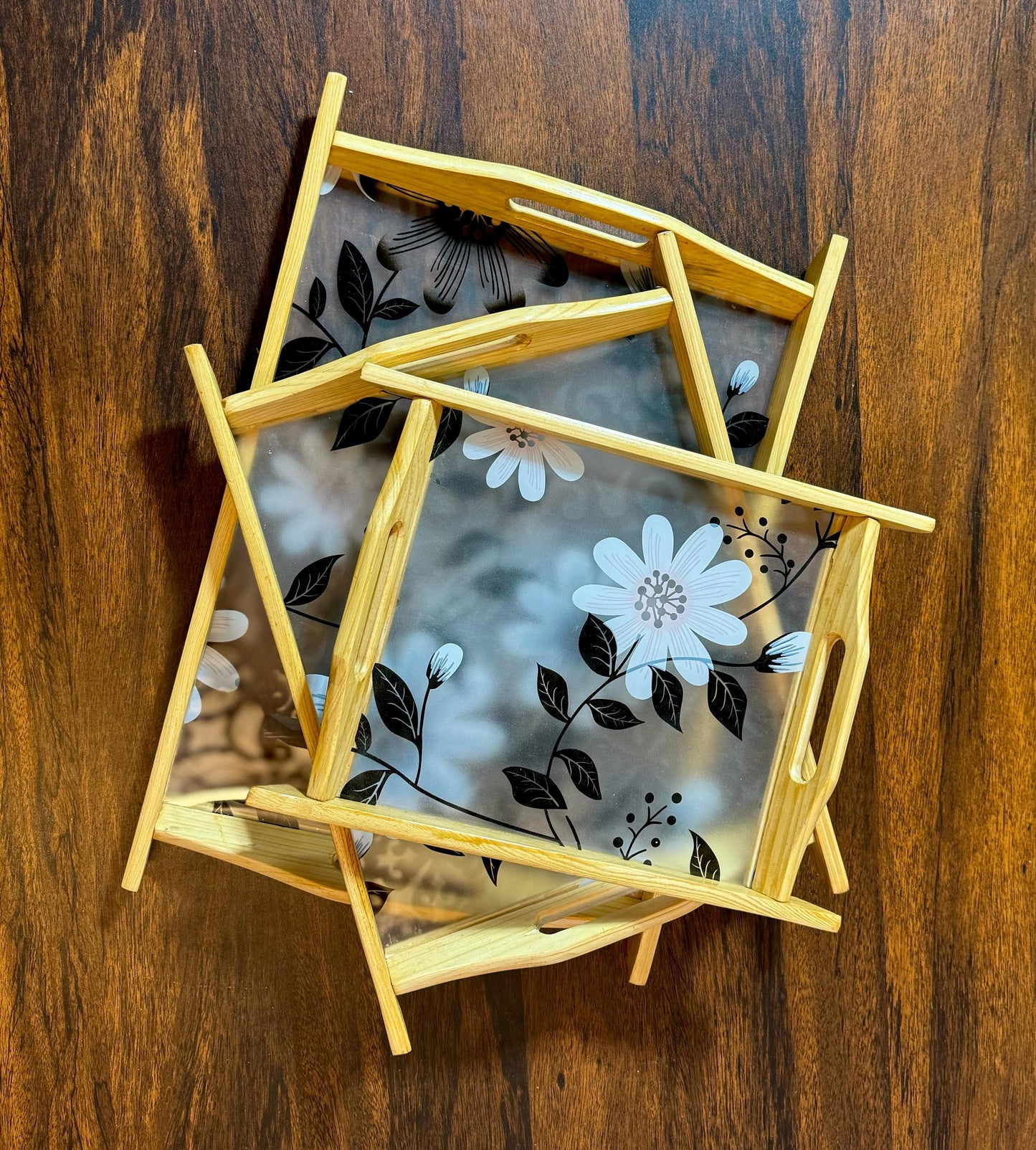 Wooden & Acrylic Serving Tray - 3 Piece Set