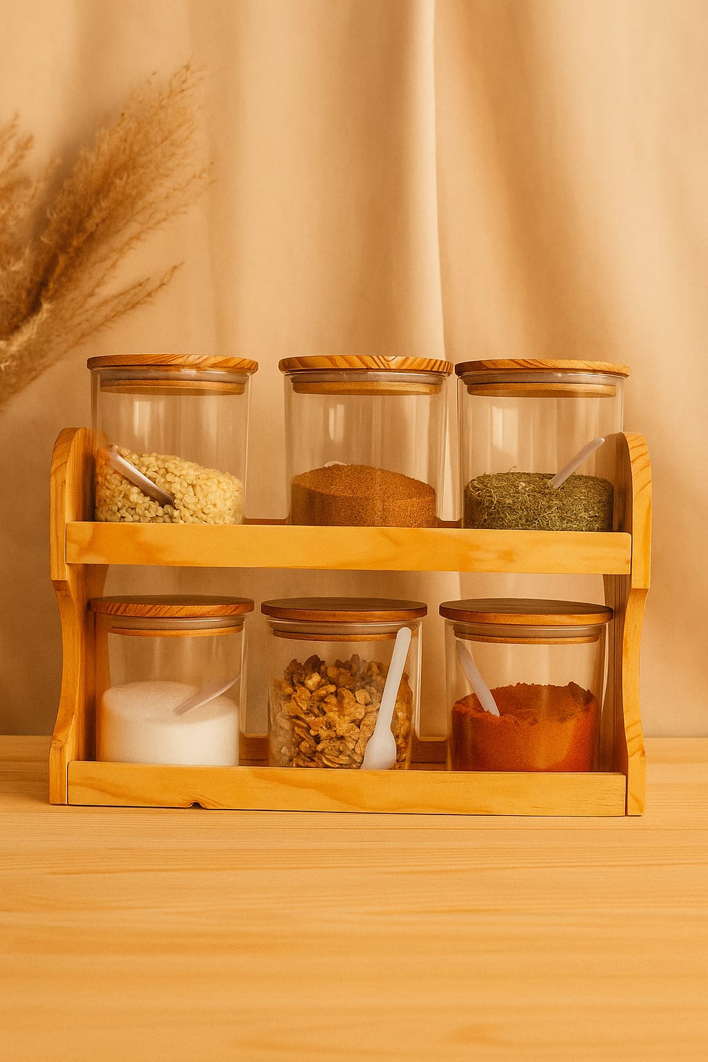 "Wooden Spice Rack - 6 Acrylic Jar"