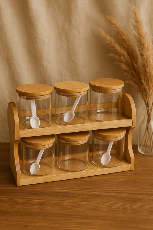 "Wooden Spice Rack - 6 Acrylic Jar"