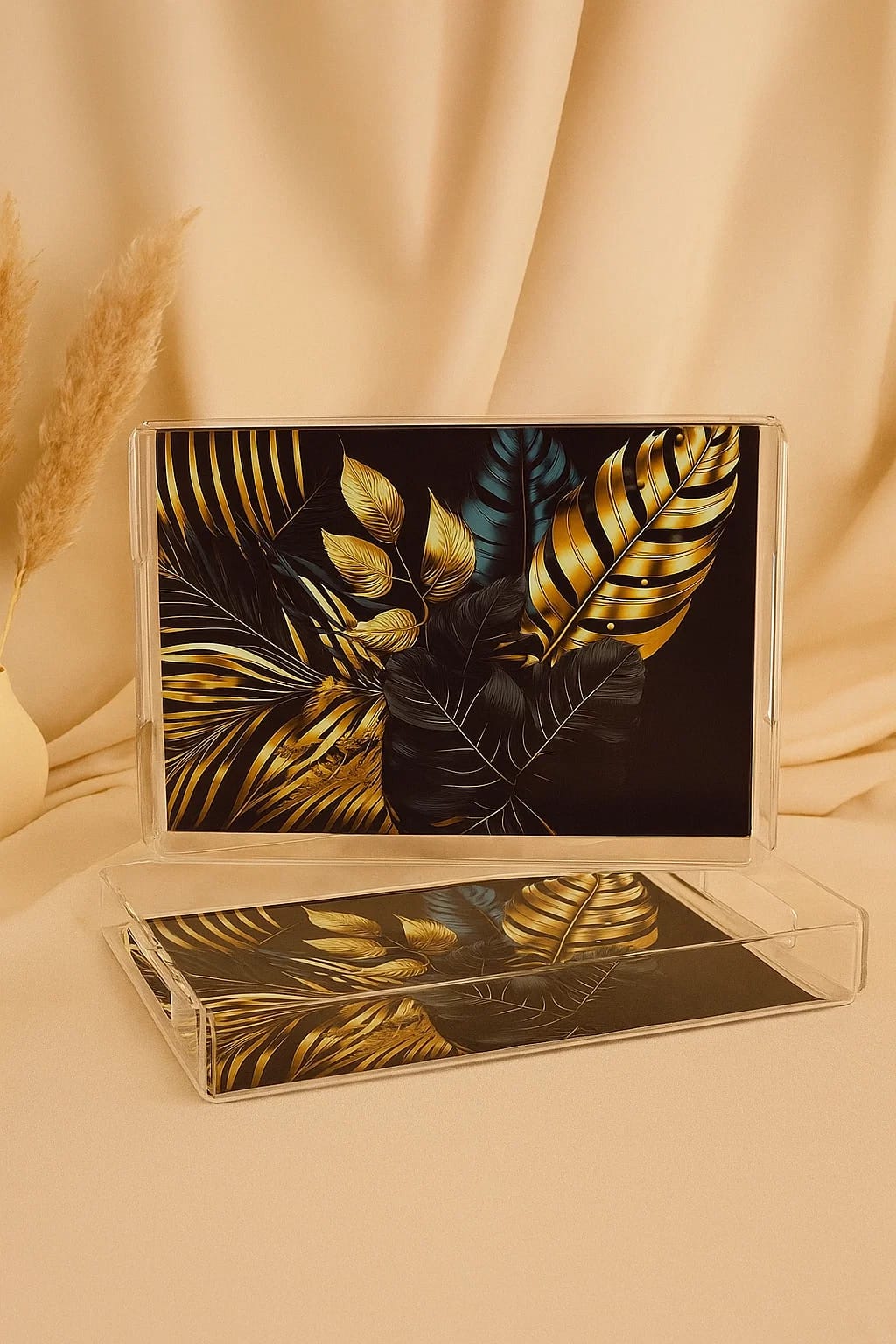 Acrylic Serving Tray Set with Golden Leaf Design