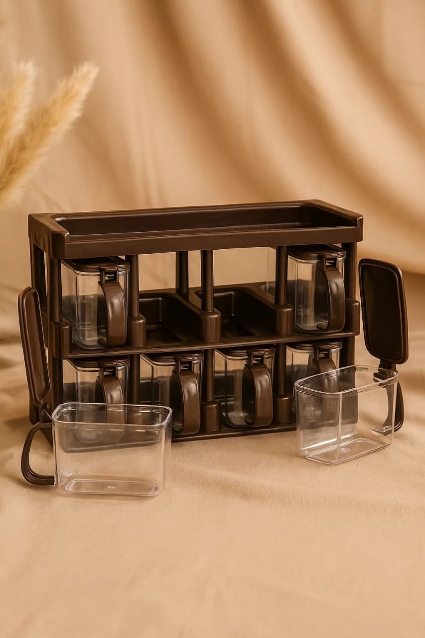Elegant 8-in-1 Spice Jar Set with Organizer Rack –