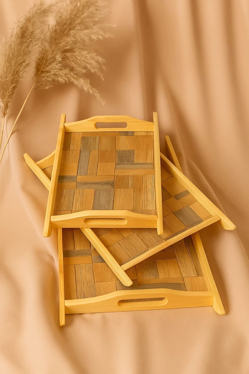 Design Natural Wooden Serving Tray  – 3 Piece Set