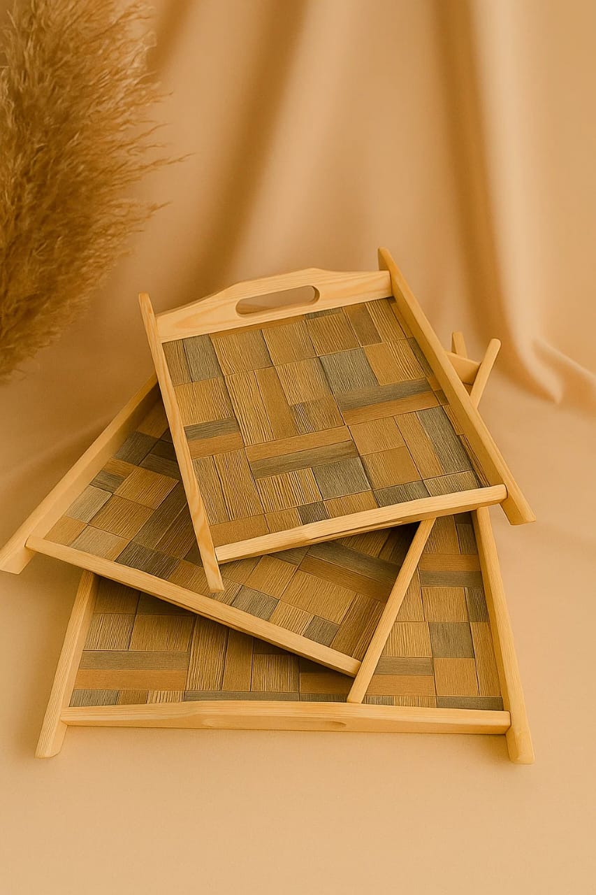 Design Natural Wooden Serving Tray  – 3 Piece Set