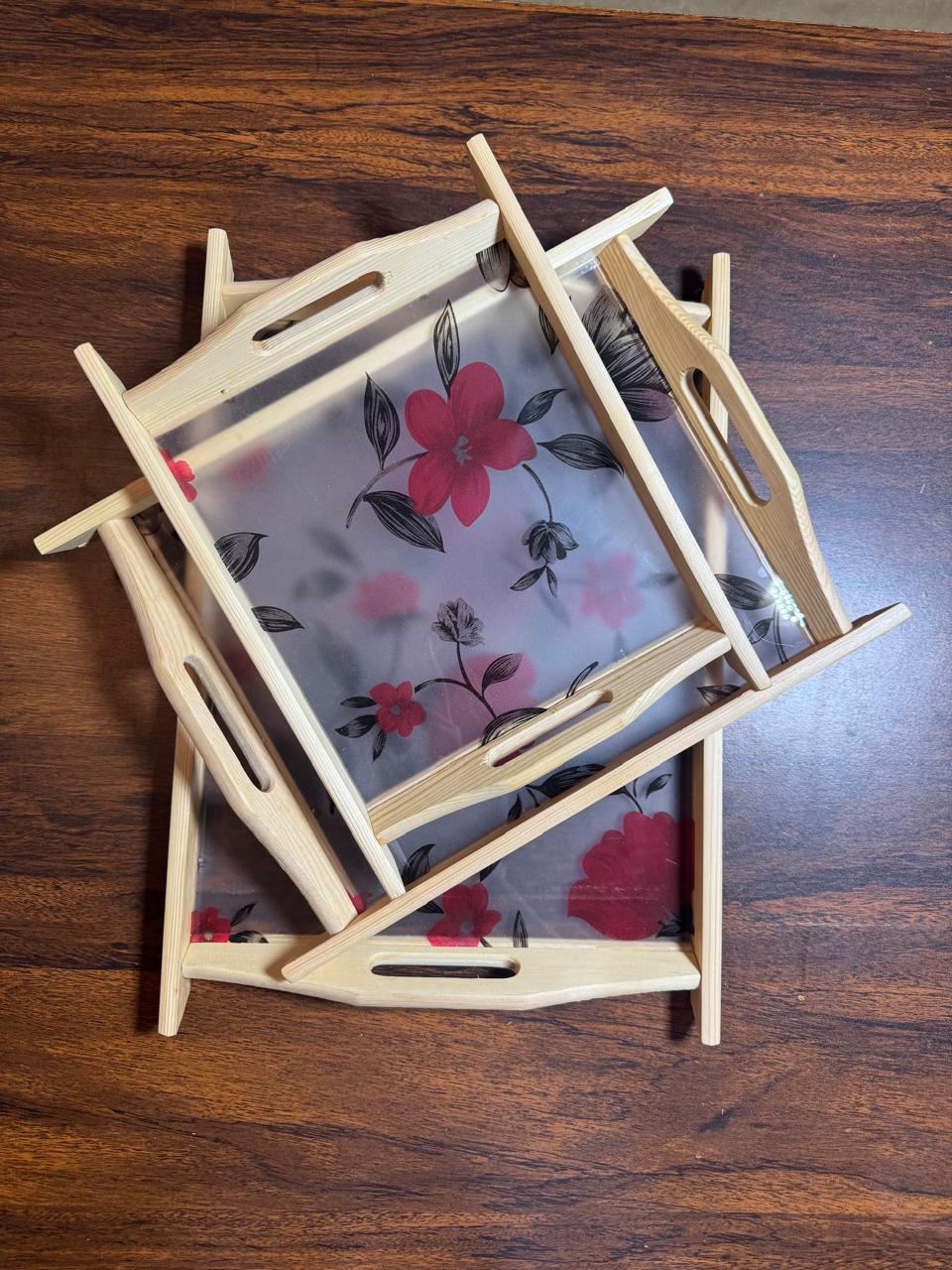 Wooden & Acrylic Serving Tray - 3 Piece Set